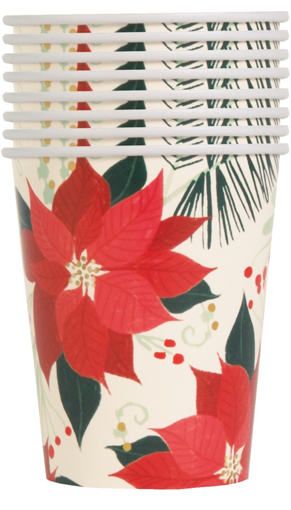 Stack of white disposable cups decorated with red poinsettias, green pine leaves, and gold accents.