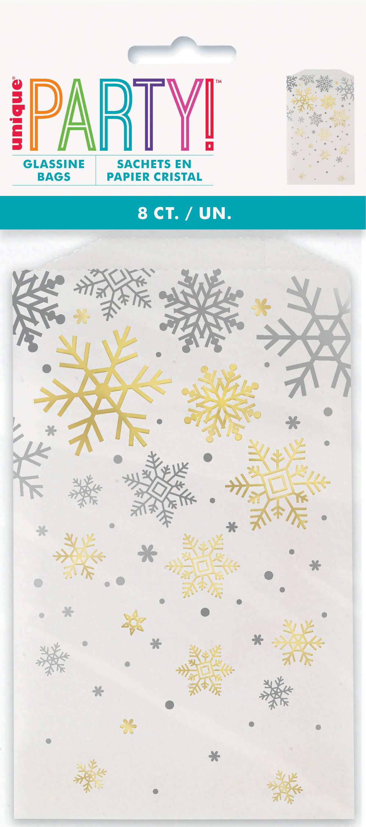 White glossy treat bag decorated with silver and gold snowflakes in various sizes.