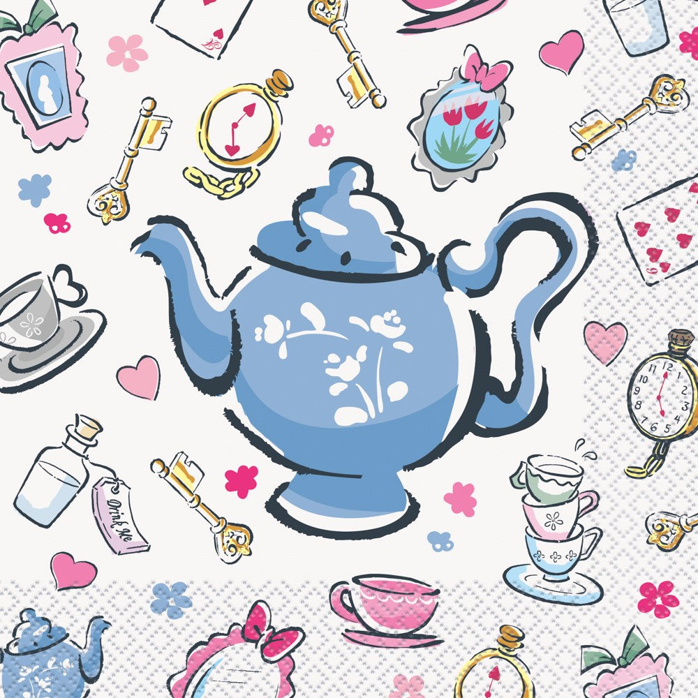 White luncheon napkins printed with blue teapots, pink bows, playing cards, keys, clocks, and teacups in a whimsical Alice.