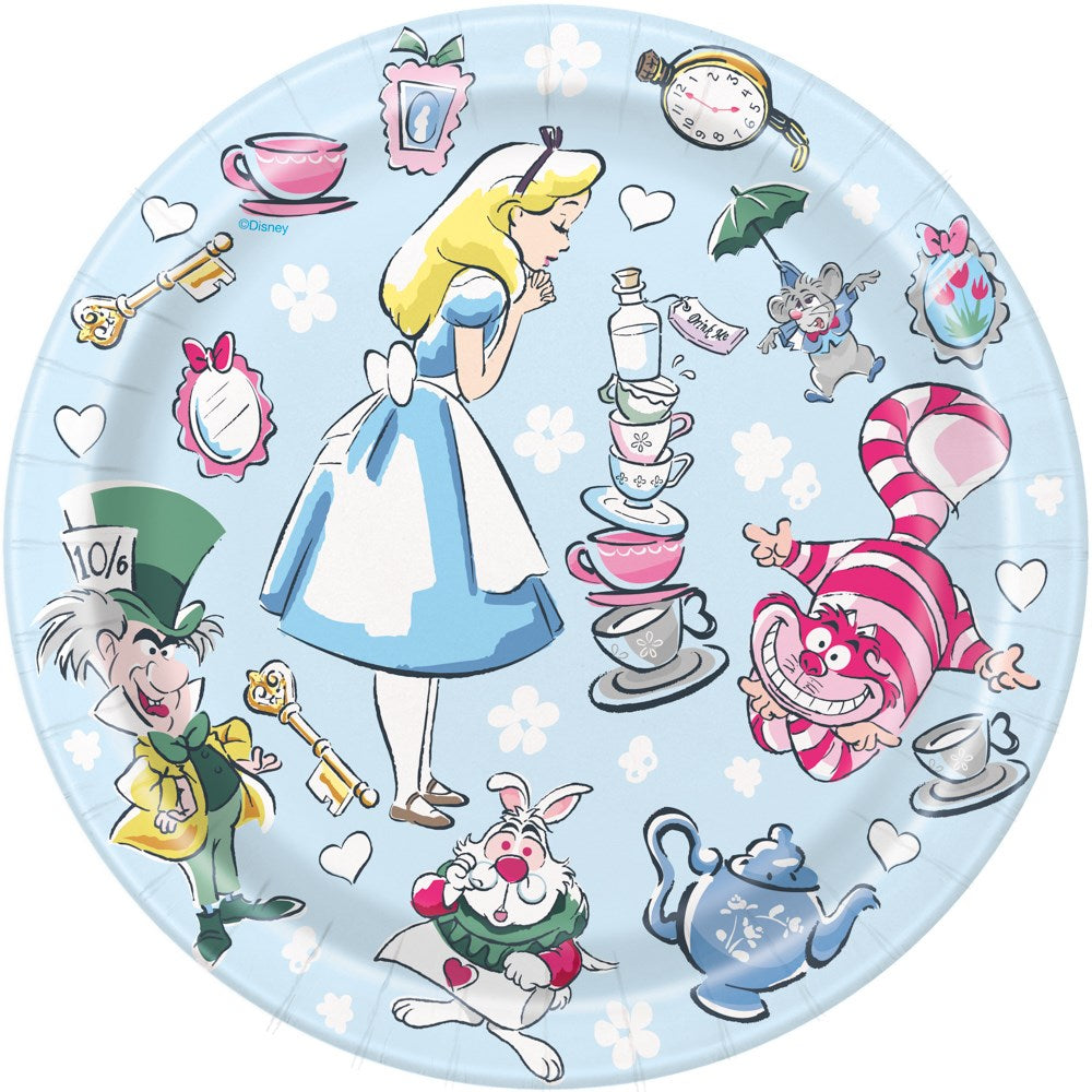 Round light blue dessert plate with Alice in Wonderland characters and stacked teacups design.