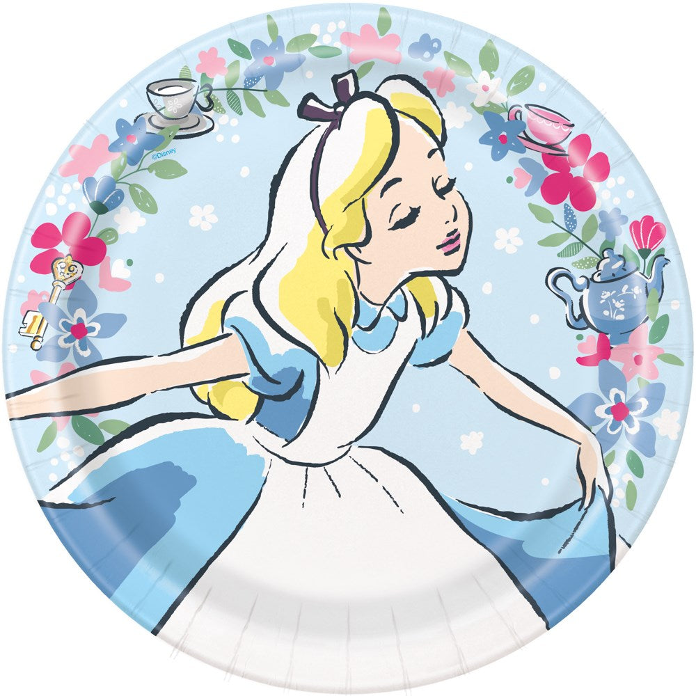 Round 9-inch paper plate featuring Alice in Wonderland with Alice in blue dress and white apron surrounded by pastel floral.