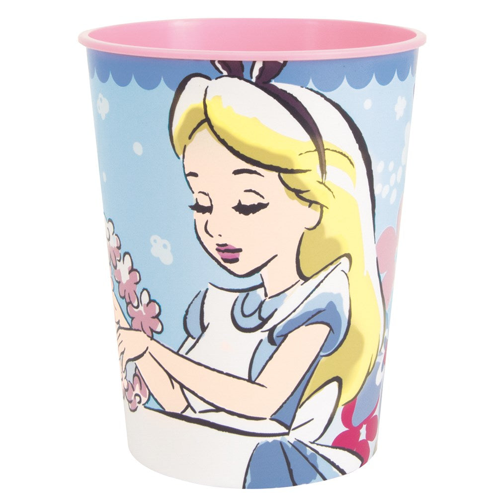 16oz plastic stadium cup with pink rim featuring Alice from Disney's Alice in Wonderland on a blue background with floral.