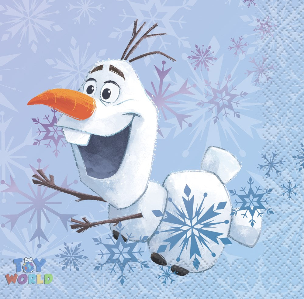 Light blue Frozen 2 napkin with Olaf snowman and snowflake patterns, 16 count pack.