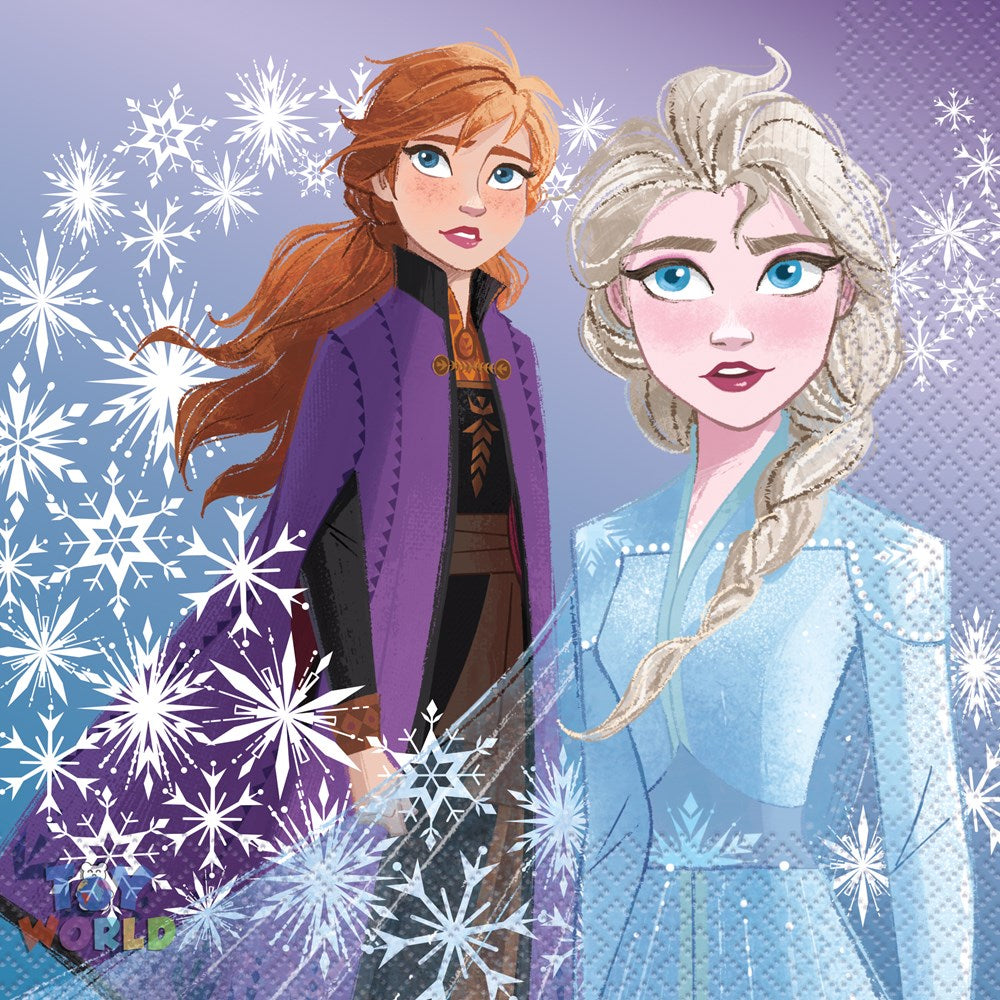 Purple and blue Frozen 2 napkins featuring Anna and Elsa with snowflake designs, 16-count pack.