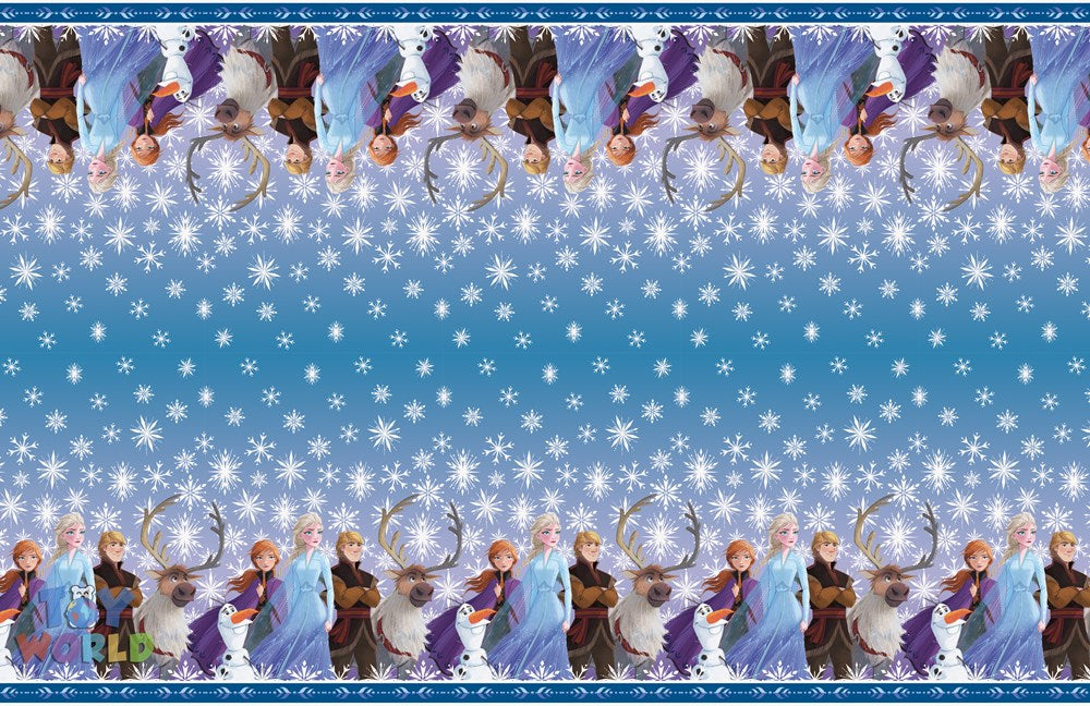 Blue plastic tablecover featuring Frozen 2 characters, snowflakes, and icy winter-themed border.