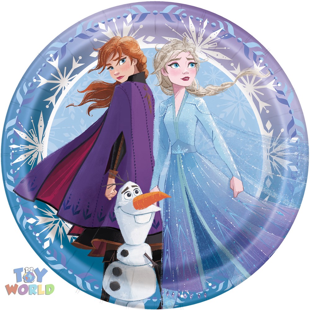 Round purple paper plate with characters Elsa, Anna, and Olaf from Frozen 2 surrounded by snowflakes.