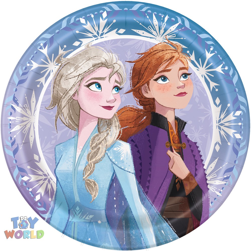 Round 9-inch disposable plate featuring Elsa and Anna from Frozen 2 with blue and purple snowflake background.