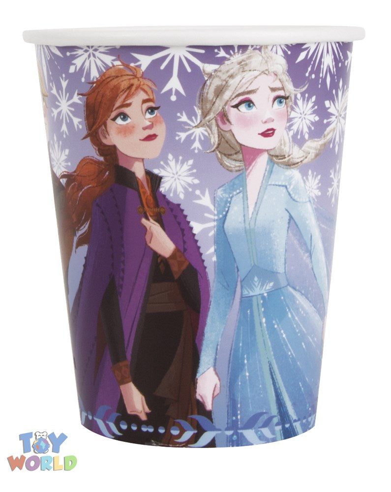 Purple disposable cup featuring Anna and Elsa from Frozen 2 with snowflake designs, 9-ounce size.
