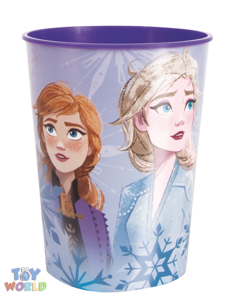 Purple plastic cup with Anna and Elsa from Frozen 2, snowflake accents, 16 oz capacity.