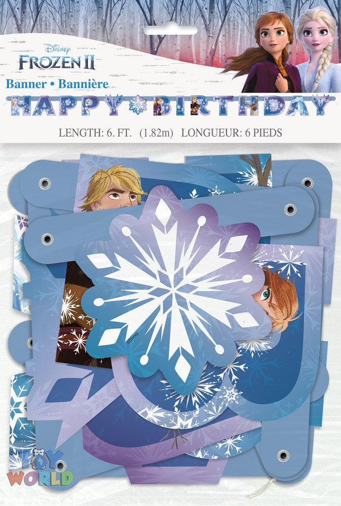 Frozen 2 large jointed birthday banner with blue and purple snowflake-themed panels and characters Anna and Elsa.