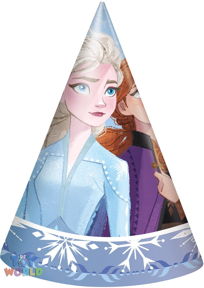 Cone-shaped party hats featuring Elsa and Anna from Frozen 2 with blue and purple tones and snowflake accents.