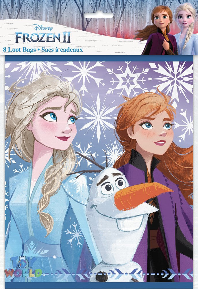 Set of eight Frozen 2 loot bags featuring Elsa, Anna, and Olaf with snowflake background.
