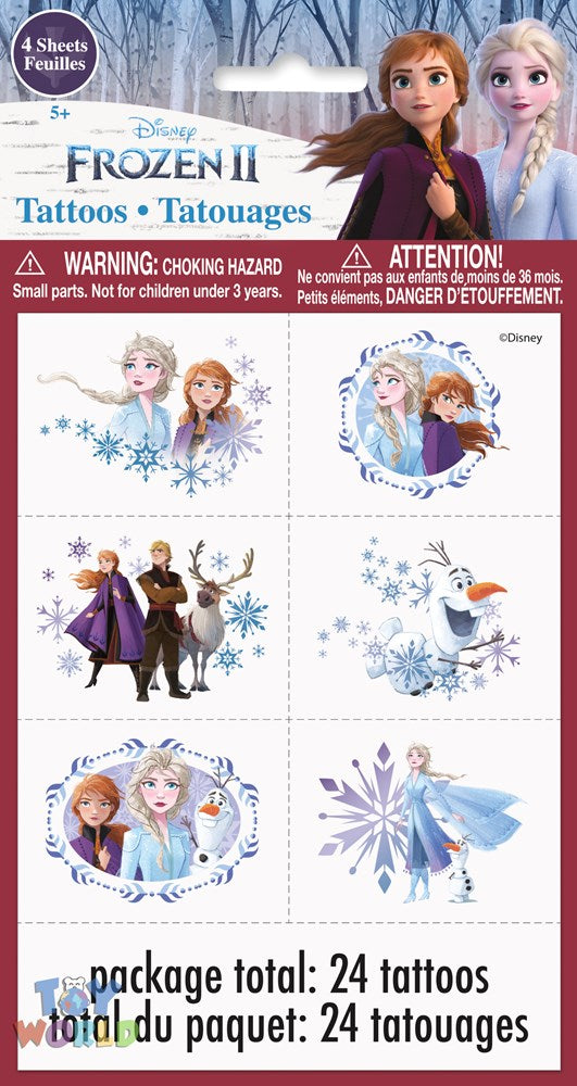 Sheet of 24 colorful Disney Frozen 2 temporary tattoos featuring Anna, Elsa, Olaf, snowflakes, and magical designs on a.
