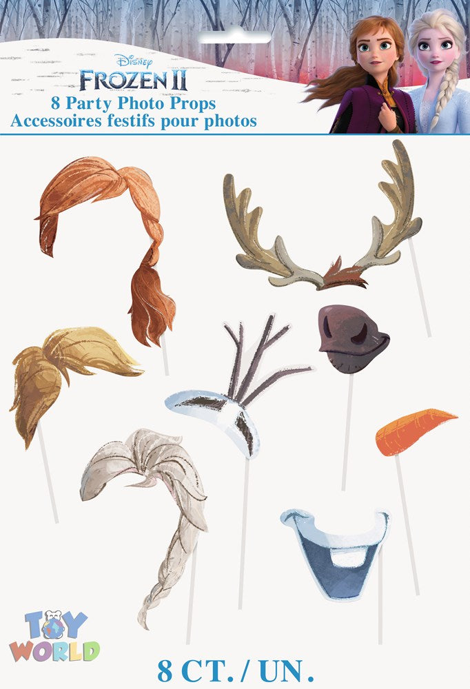 Set of 8 Frozen 2 photo booth props with colorful paper cutouts of hair, reindeer antlers, animal nose, and Olaf's smile on.