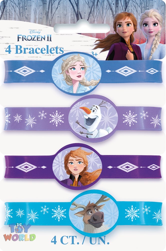 Set of four Frozen 2 stretchy bracelets featuring characters Anna, Elsa, Olaf, and Sven on blue and purple bands with.
