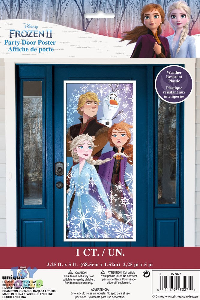 Frozen 2 door poster with Anna, Elsa, and Olaf on a snowy, icy blue background, 27x60 inches.