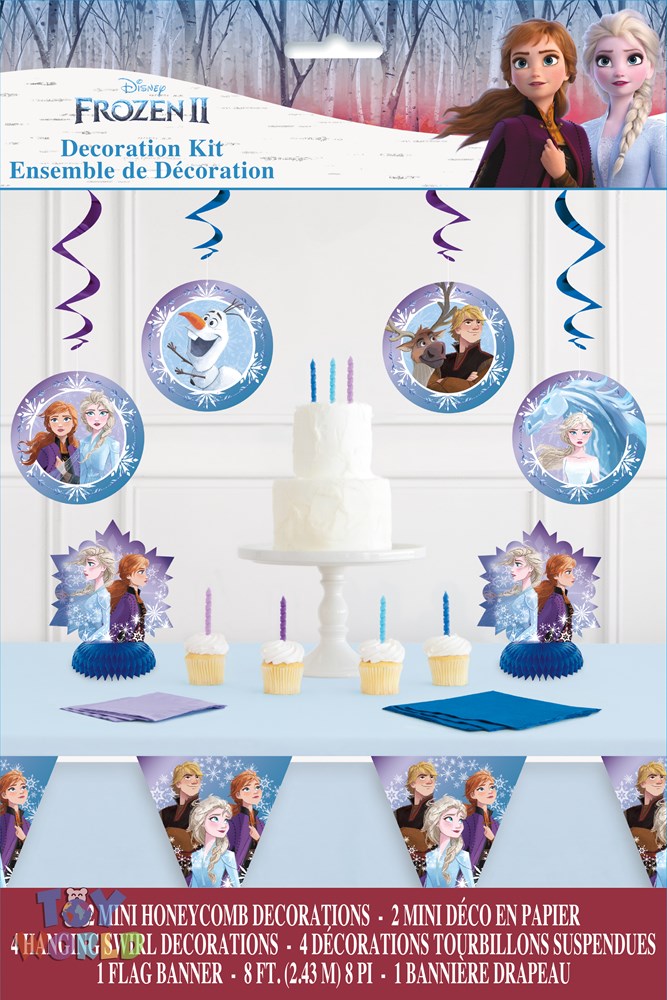 Frozen 2 party decor kit with purple swirl hangers, round character cutouts, cupcake toppers, and purple snowflake.