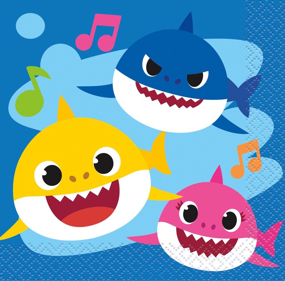 Colorful Baby Shark characters in blue, yellow, and pink on a blue background with musical notes, printed on square beverage