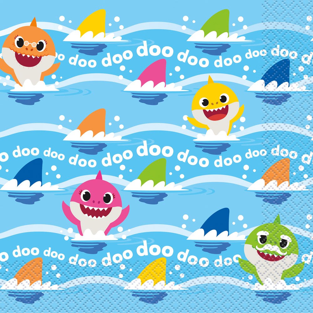 Colorful Baby Shark-themed paper napkins with blue ocean waves and shark fins in various colors.
