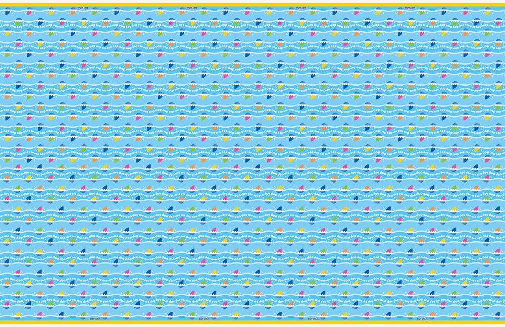 Blue plastic tablecover featuring repeating Baby Shark character pattern with small colorful fish and bubbles, measuring.