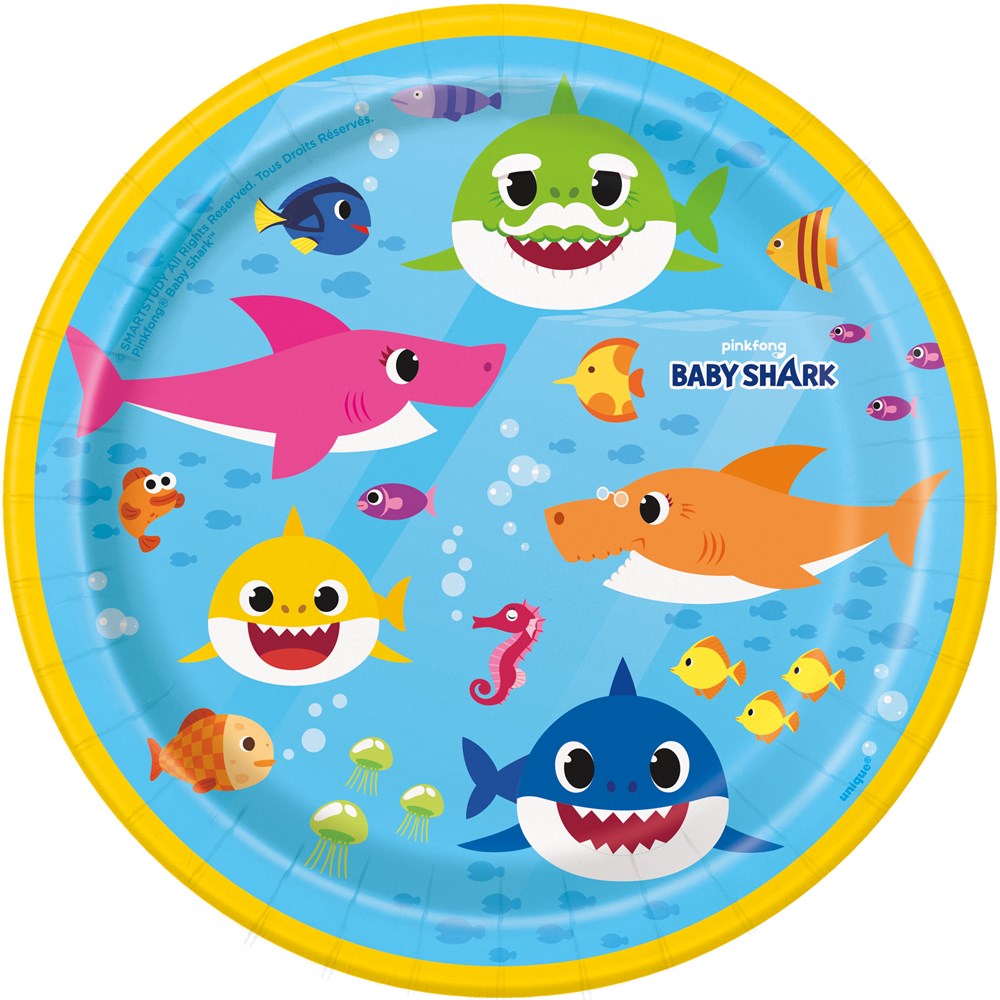 Round 7-inch paper plate with colorful Baby Shark characters on a blue background and yellow rim.