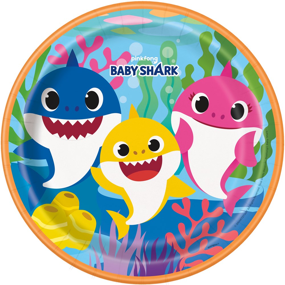 Round 9-inch plastic plate with colorful Baby Shark characters on a blue underwater background and orange rim.