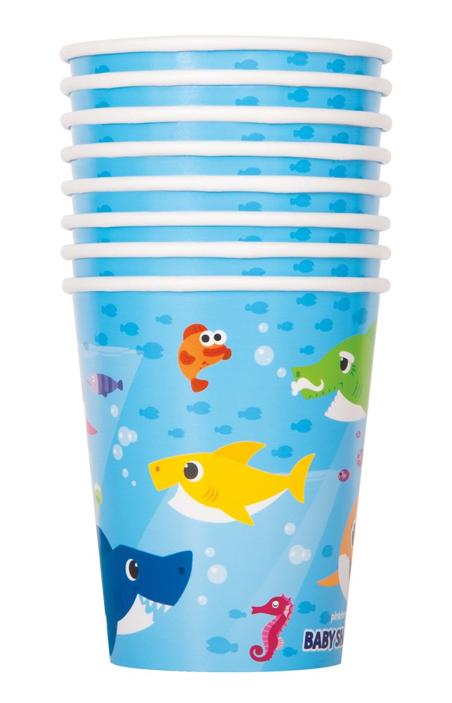 Stack of eight blue plastic cups with Baby Shark characters in yellow, green, orange, and blue on them.