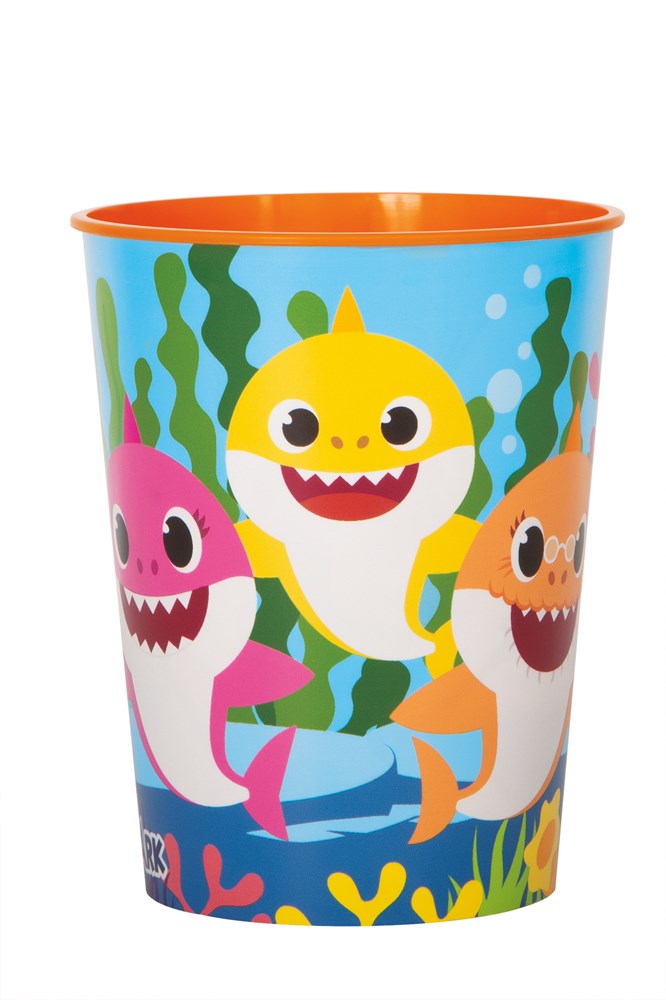 16oz plastic cup with colorful Baby Shark characters and underwater seaweed design.
