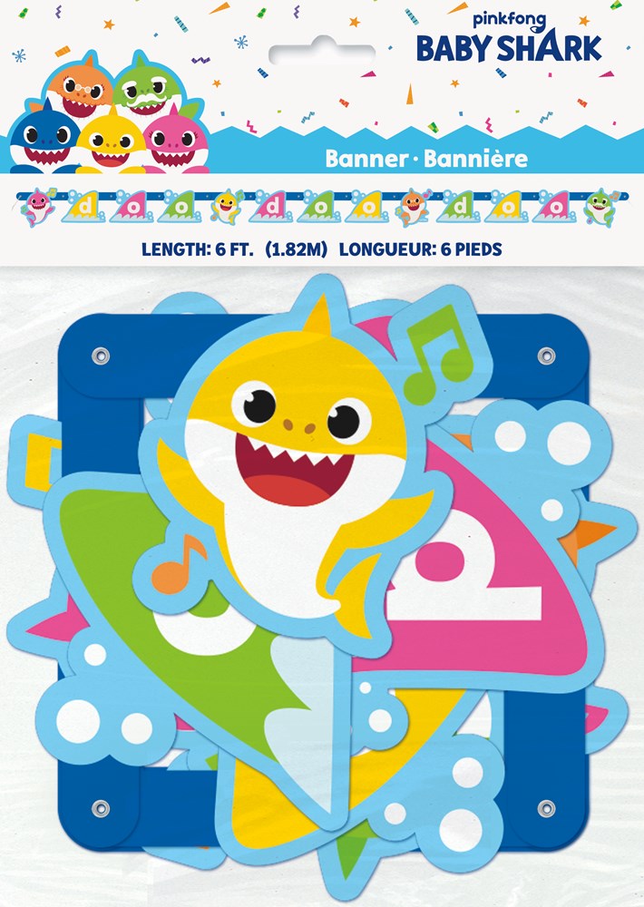 Colorful Baby Shark large jointed banner with yellow shark character and blue background, 6 feet long.