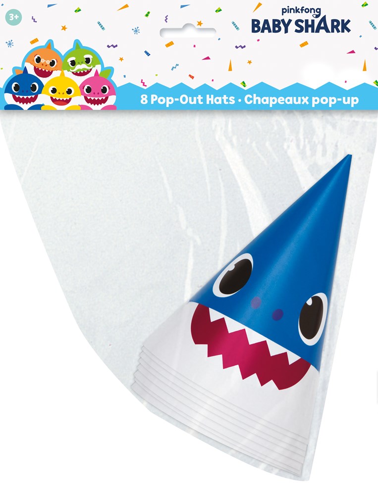 Blue cone party hat with a Baby Shark face, white bottom edge, and pop-out design.