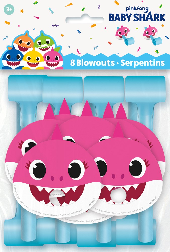 Set of eight blue baby shark-themed party blowouts with pink shark faces and colorful confetti background.