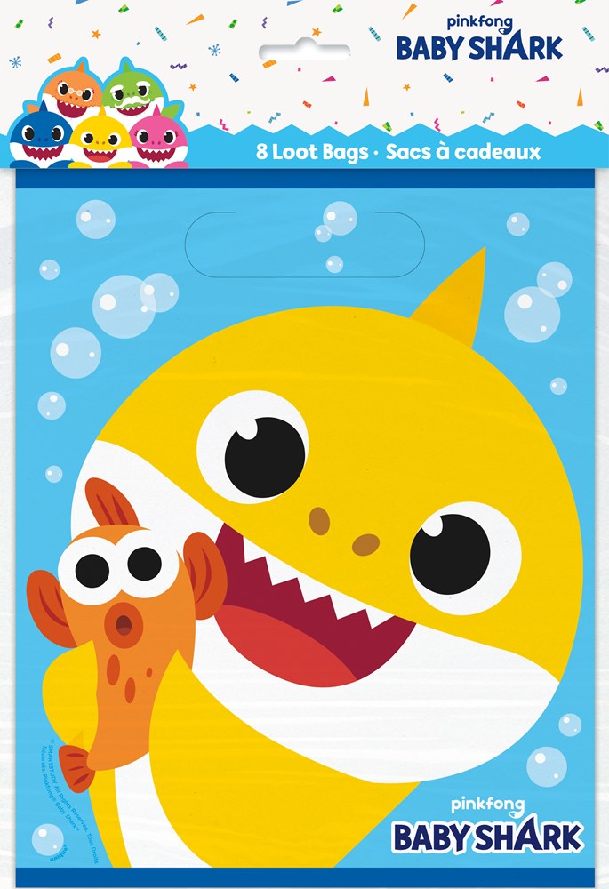 Set of 8 Baby Shark-themed loot bags featuring bright yellow shark with wide smile and orange fish character on blue.