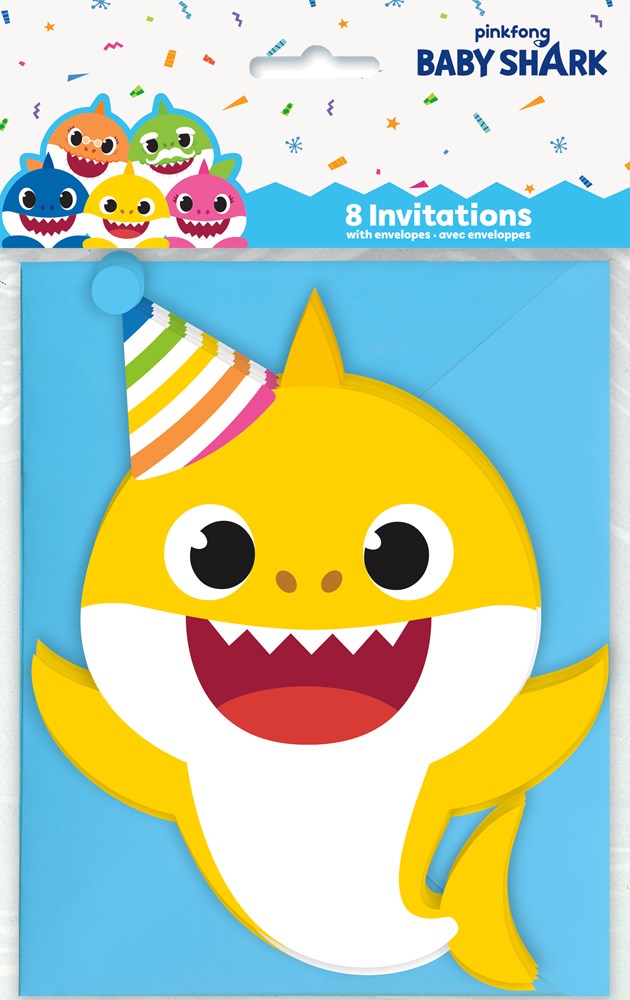 Set of 8 colorful Baby Shark birthday invitations featuring a smiling yellow shark with a party hat on a blue background.