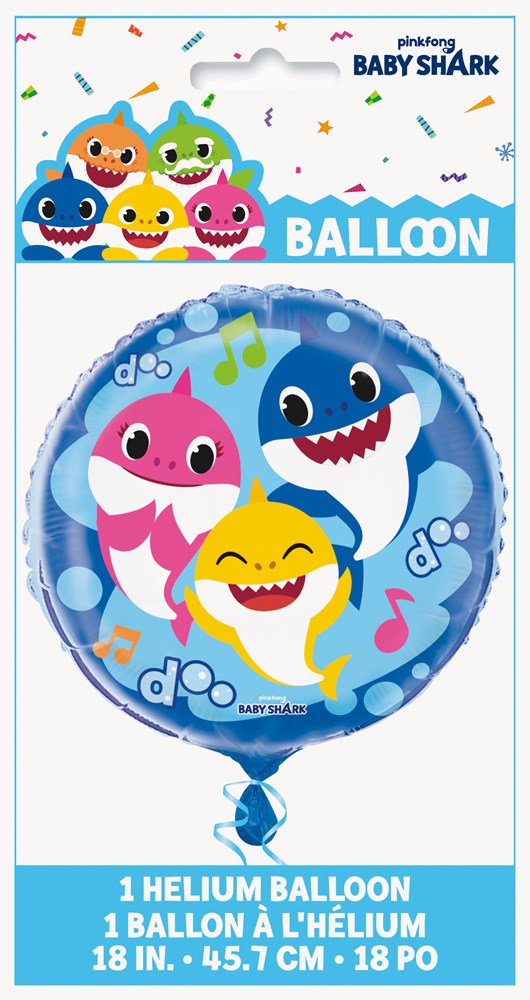 Round foil balloon featuring colorful Baby Shark characters on a blue background, 18 inches wide.