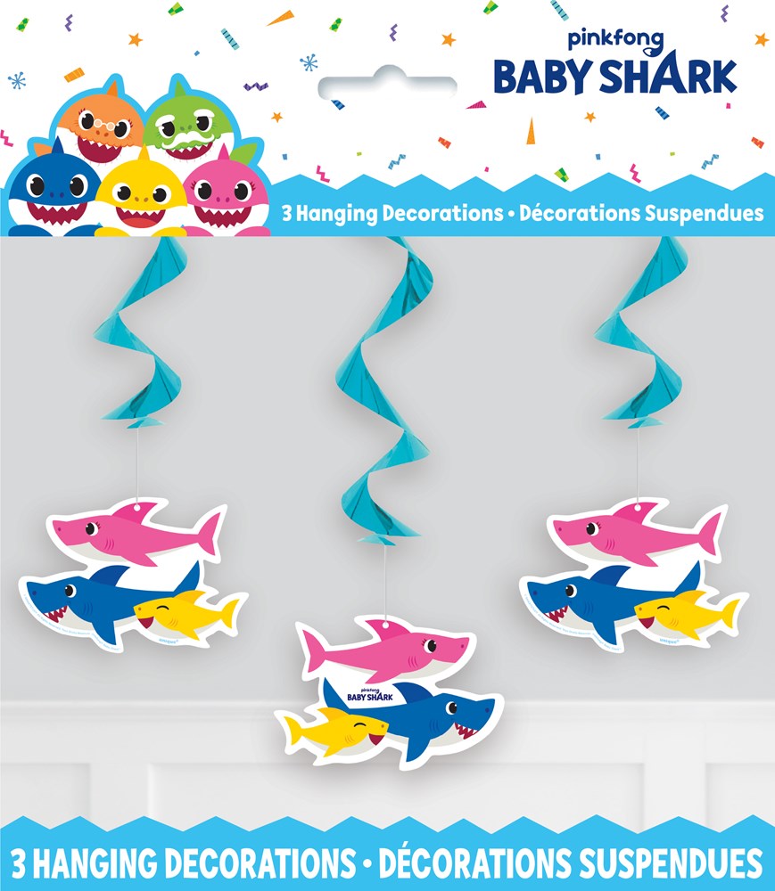 Three 26-inch hanging swirls with pink, blue, and yellow Baby Shark character cutouts attached to turquoise spirals.