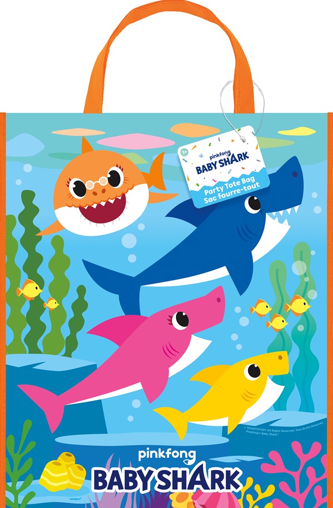 Colorful Baby Shark-themed small tote bag with orange handles featuring cartoon sharks and underwater scene.