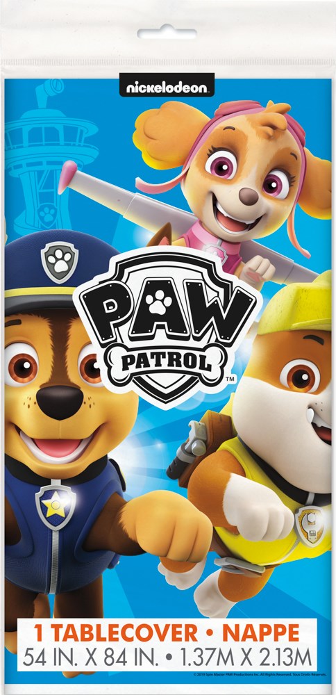 Blue plastic Paw Patrol tablecover featuring Chase, Skye, and Rubble characters with colorful lettering.
