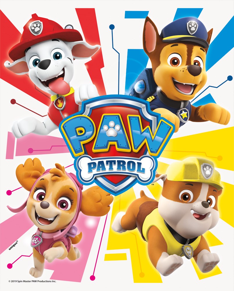 Set of eight colorful Paw Patrol loot bags featuring animated dog characters Marshall, Chase, Skye, and Rubble around the.