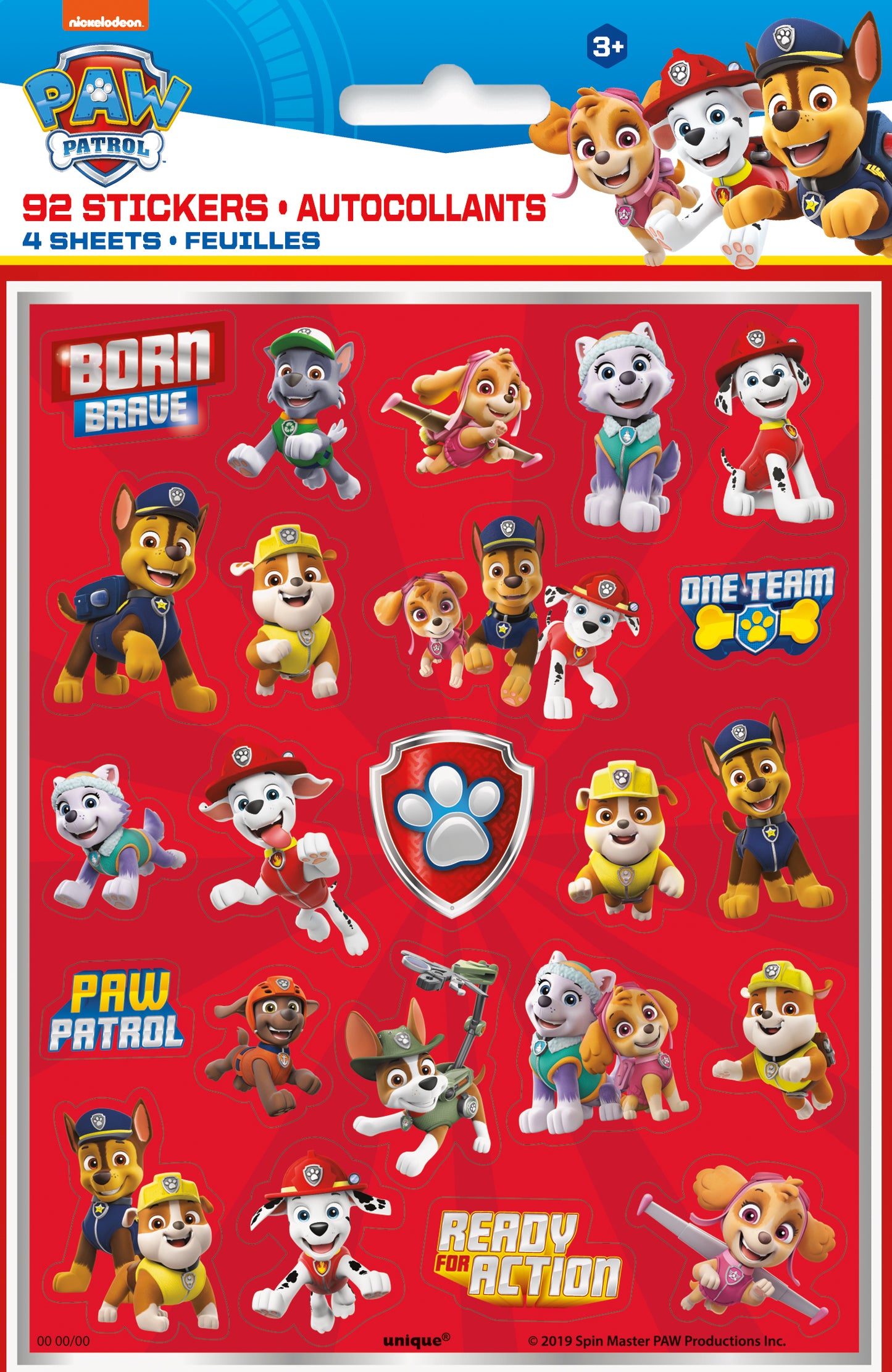 Colorful Paw Patrol sticker sheet with 18 character stickers and logos on red background.