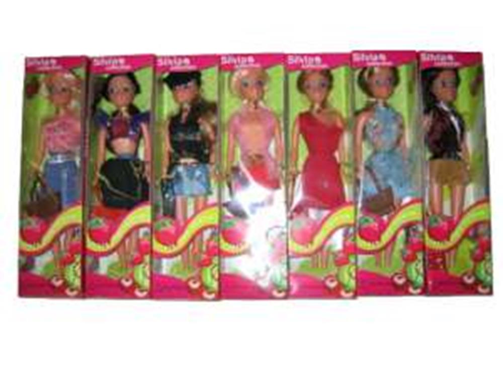 Set of six 11.5-inch dolls with varied hairstyles and colorful party outfits in pink boxed packaging.