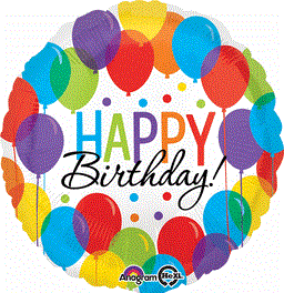 Round foil balloon with colorful overlapping balloon graphics around the edge and "Happy Birthday!" in multicolor and black.