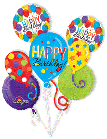 Colorful Happy Birthday balloon bouquet with assorted round and swirl-shaped foil balloons in blue, yellow, red, purple, and