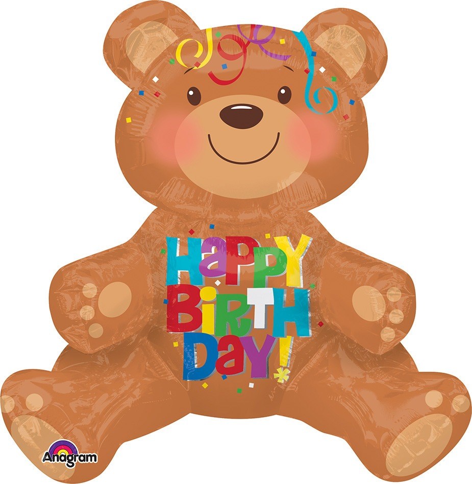 Brown sitting teddy bear balloon with colorful confetti and "Happy Birthday" text on its belly.