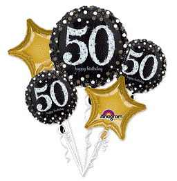 Black foil balloons with silver glitter "50" text and small white dots, paired with metallic gold star-shaped foil balloons.