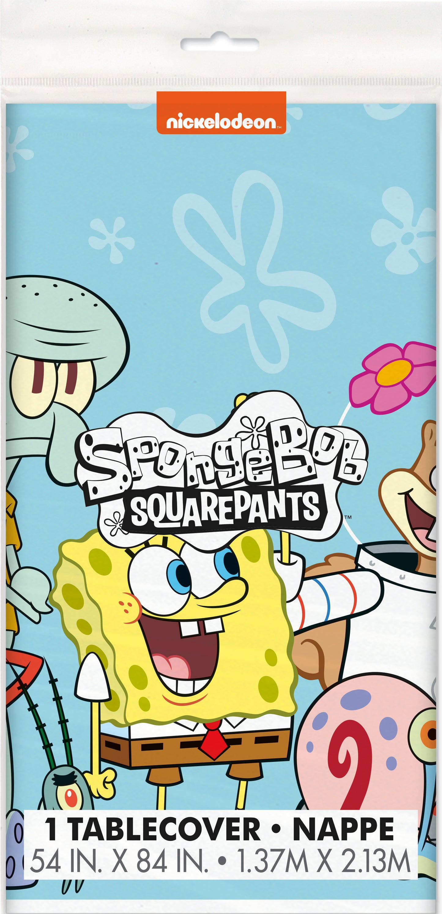 Rectangular tablecover with bright blue background featuring SpongeBob SquarePants, Squidward, and Patrick along with white.