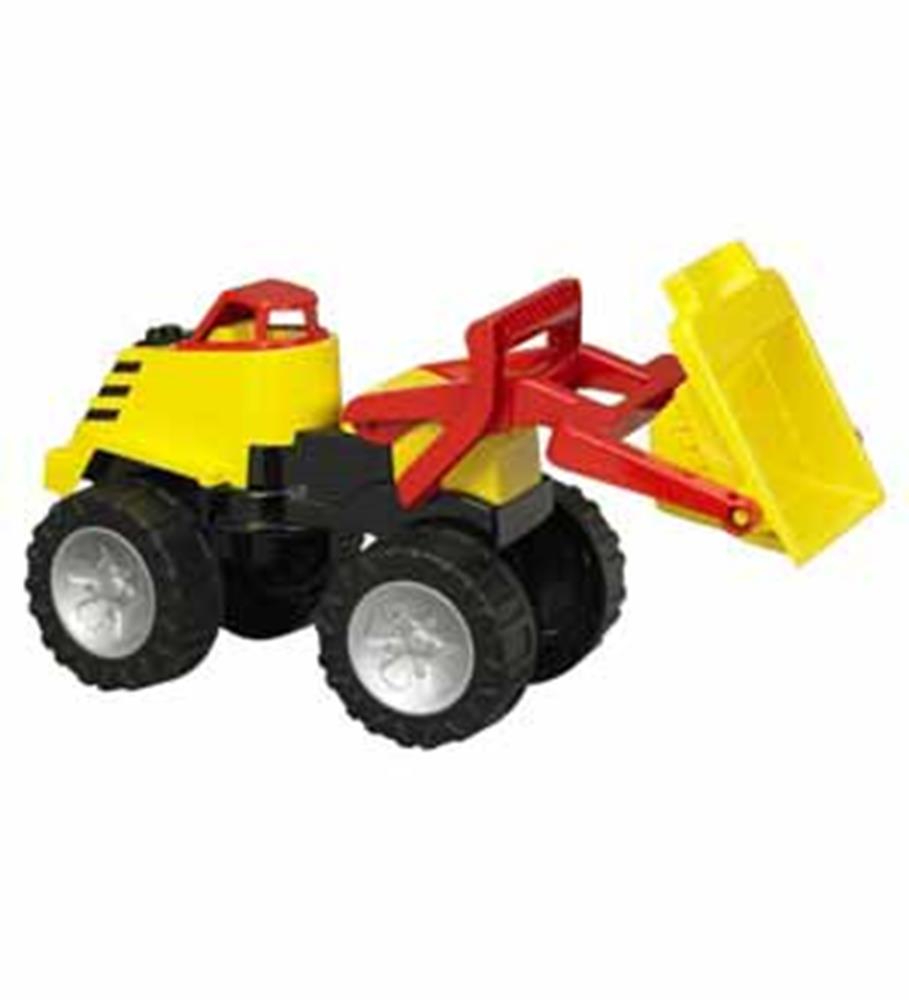 Yellow and red toy loader with black wheels from Mega Construction Set.