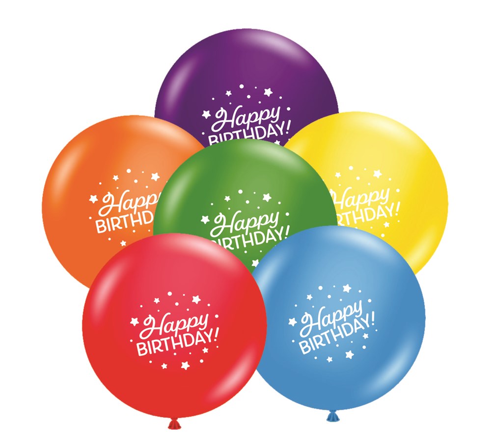 Colorful 11-inch latex balloons with "Happy Birthday" and confetti print in purple, orange, yellow, green, red, and blue.