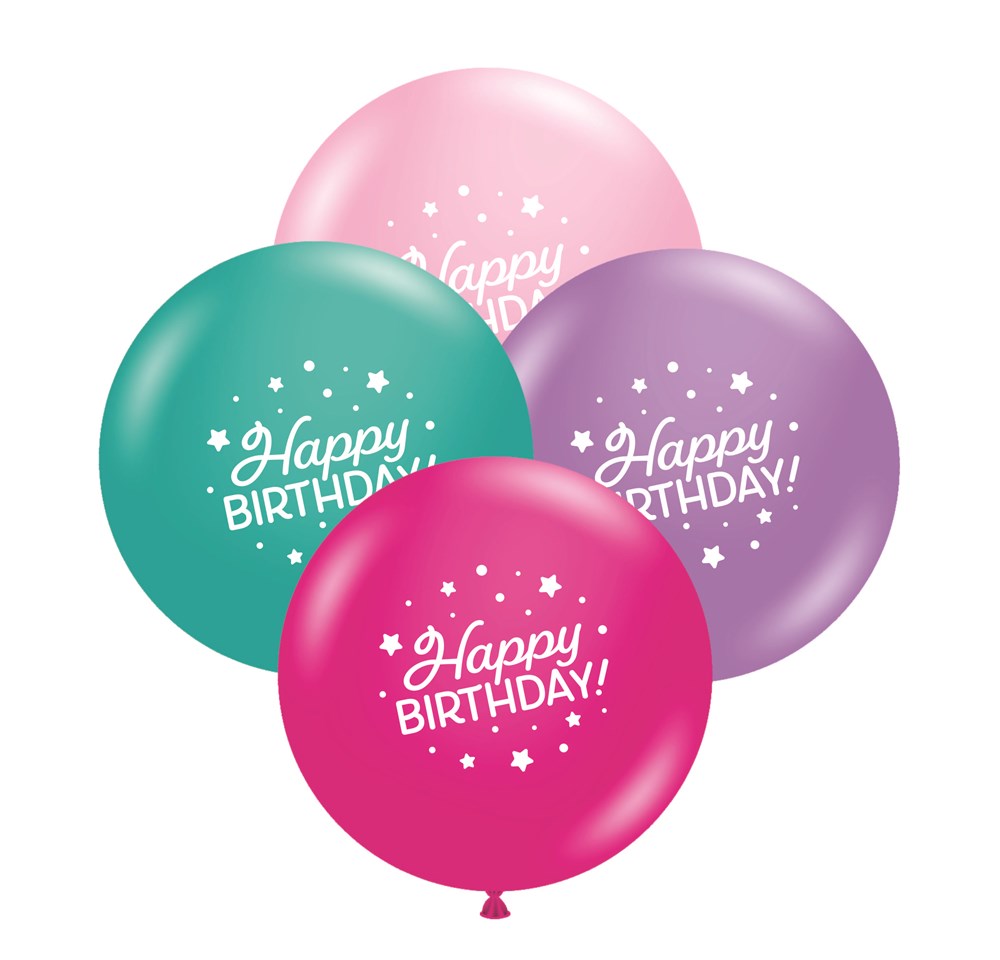 Set of four 11-inch latex balloons in pink, teal, purple, and magenta with white "Happy Birthday!" text and star patterns.