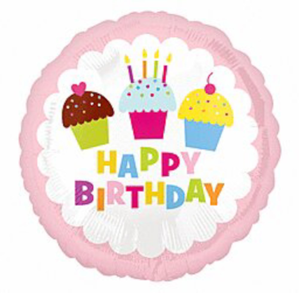 Round pink foil balloon with scalloped edges, featuring three colorful birthday cupcakes and "Happy Birthday" text in.