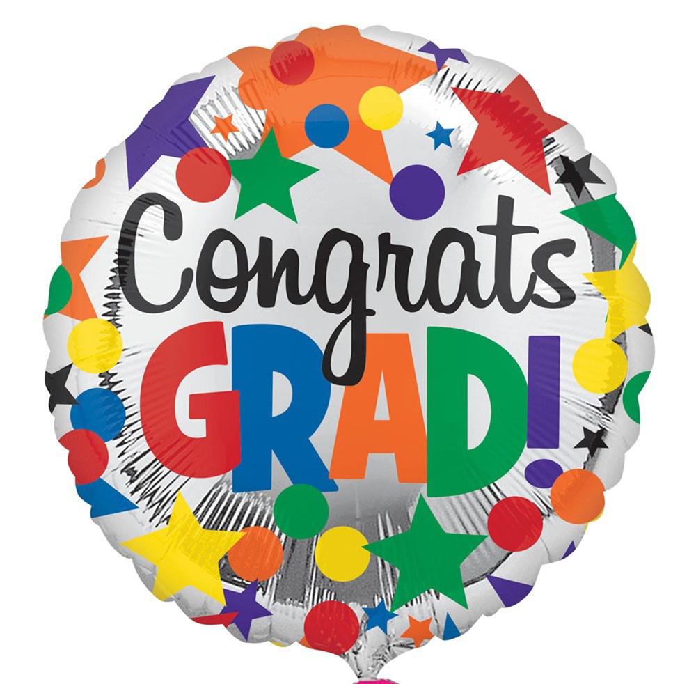 Round foil graduation balloon with multicolored stars and dots and "Congrats GRAD!" text in black, blue, red, orange, and.